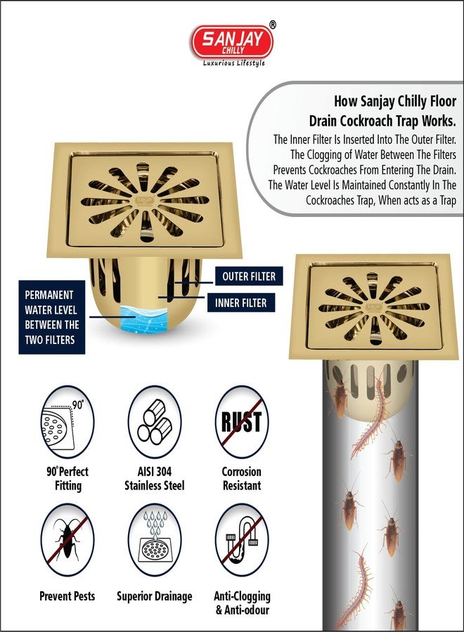 Sanjay Chilly Square Ezee Colour Collection Floor Drain Cockroach Trap for Bathroom Stainless Steel 304 Grade Waste Water Drainer Washbasin Sink Bathtub Washroom & Toilet (French Gold 6 x 6 Inch) - Image 5